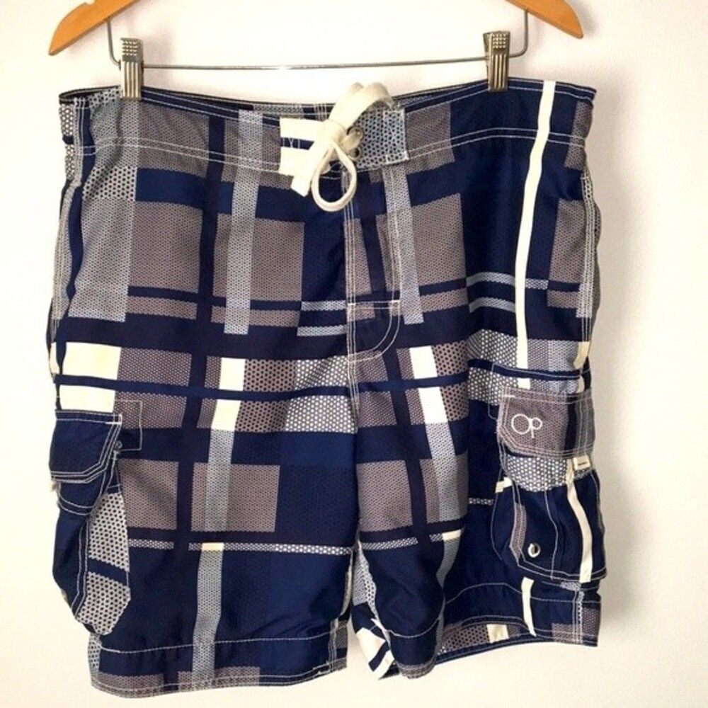OP Board Shorts mens 32-34 Blue Cargo Pocket Stretch Swim Trunks men